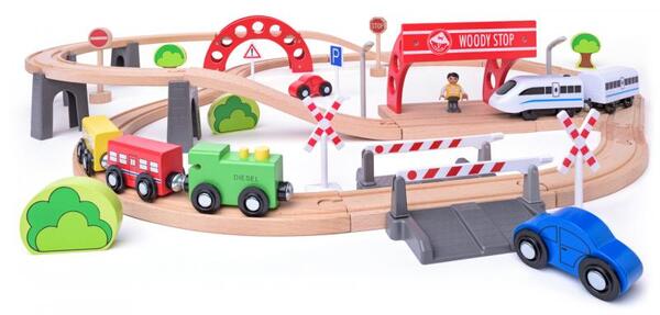 Binario Woody Train con macchina elettrica e viadotto