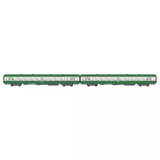 2 voitures voyageurs USI longues B10t U61, vert/gris, chauffage autonome, logo encadré blanc, bogies Y16 - Models World 40035 - HO 1/87 - SNCF - Ep IVd - 2R