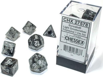 7 Dice Set Chessex BOREALIS Light Smoke/silver Luminary 27578 Dadi