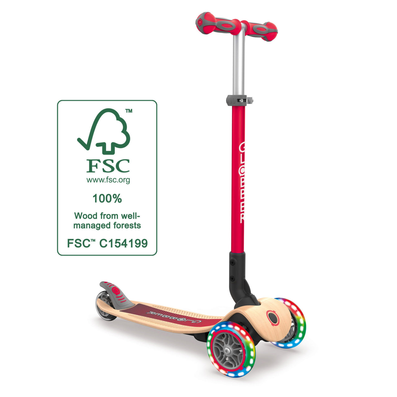Monopattino Primo Foldable Wood Lights, Red - Globber - Art. 436-102