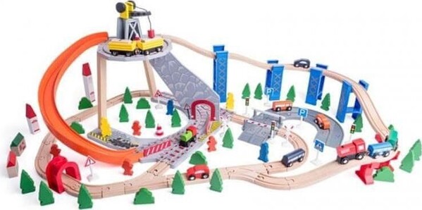 Pista Woody Train con scivolo e gru