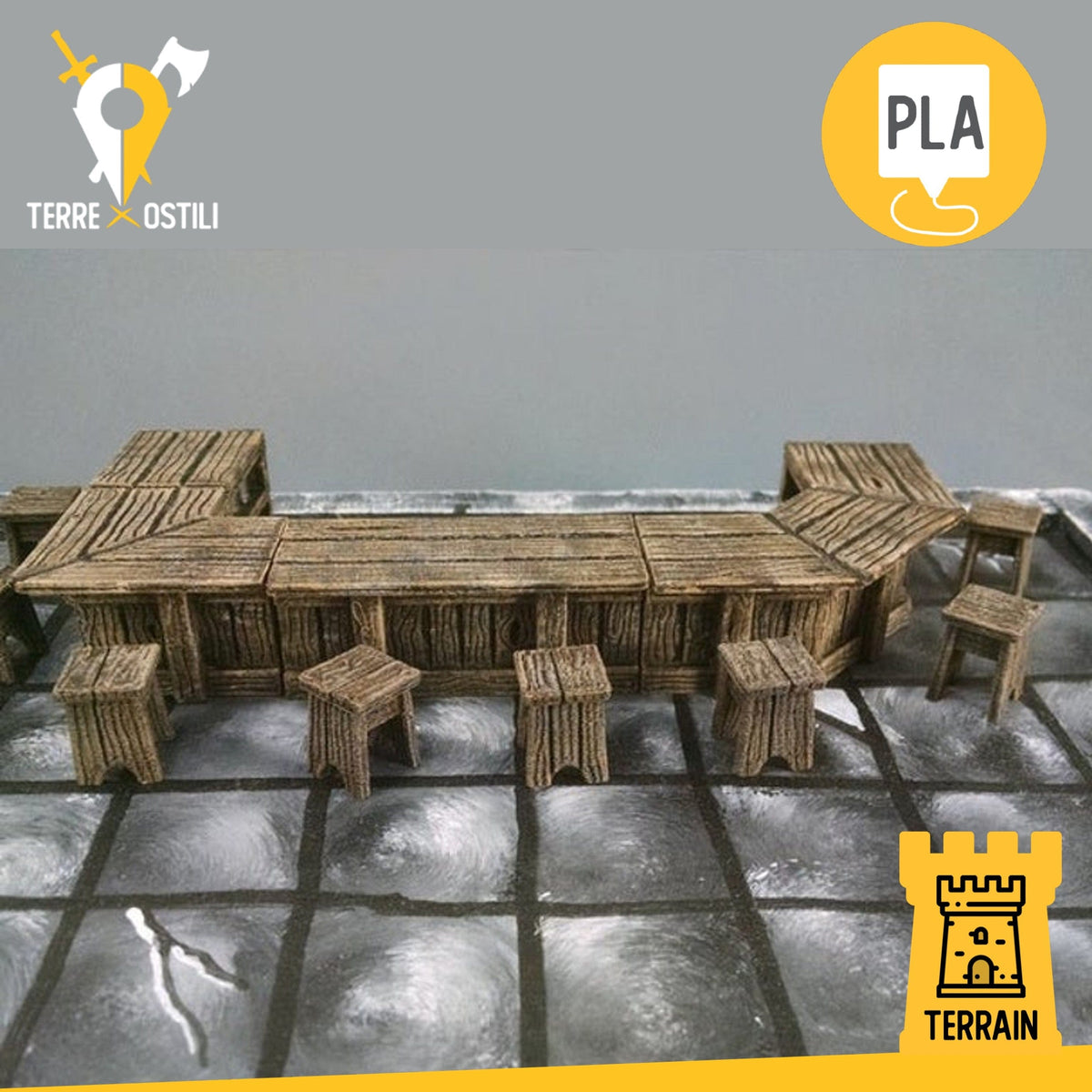 Bancone locanda taverna con 8 sgabelli bar fantasy scenico 3D