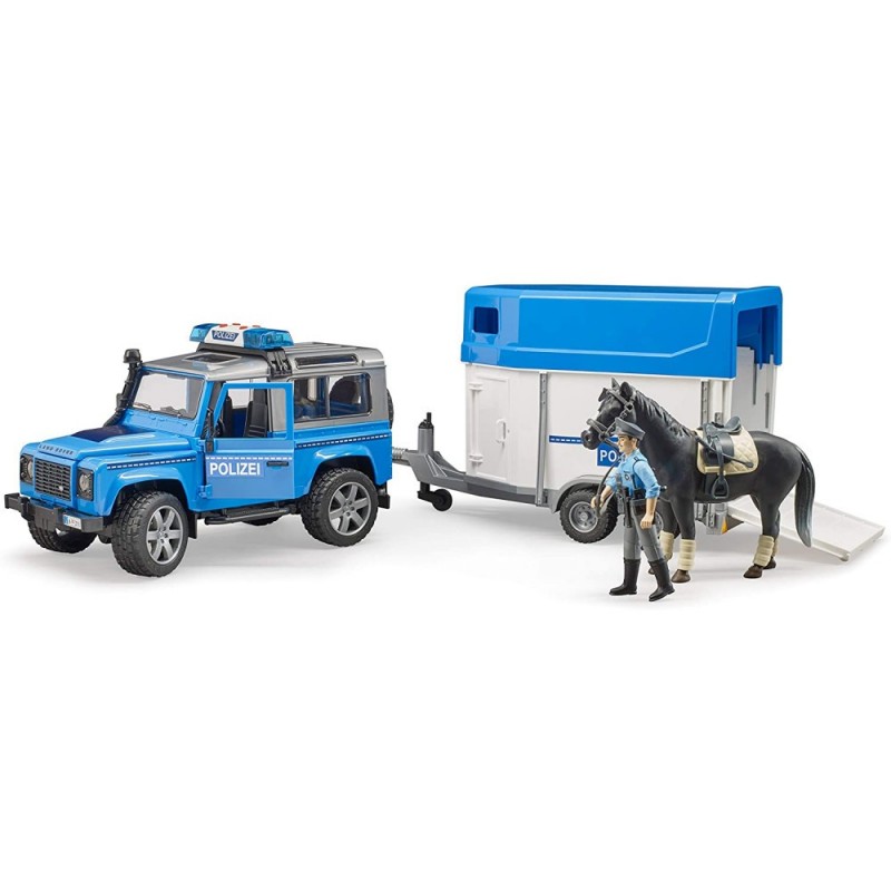 BRUDER 022588 LAND ROVER DEFENDER POLIZIA CON TRAILER CAVALLI, ANNI 4+