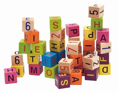 Cubi colorati Woody con lettere e numeri 40pz