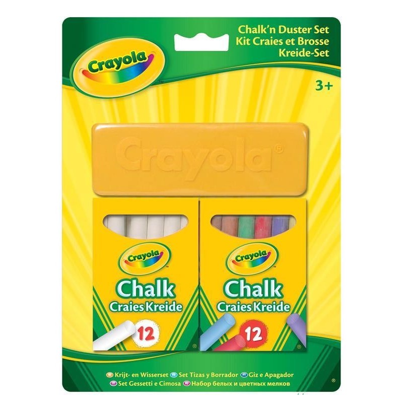 CRAYOLA GESSETTI E SPAZZOLINA PER LAVAGNA, 12 BIANCHI E 12 COLORATI, ANNI 3+