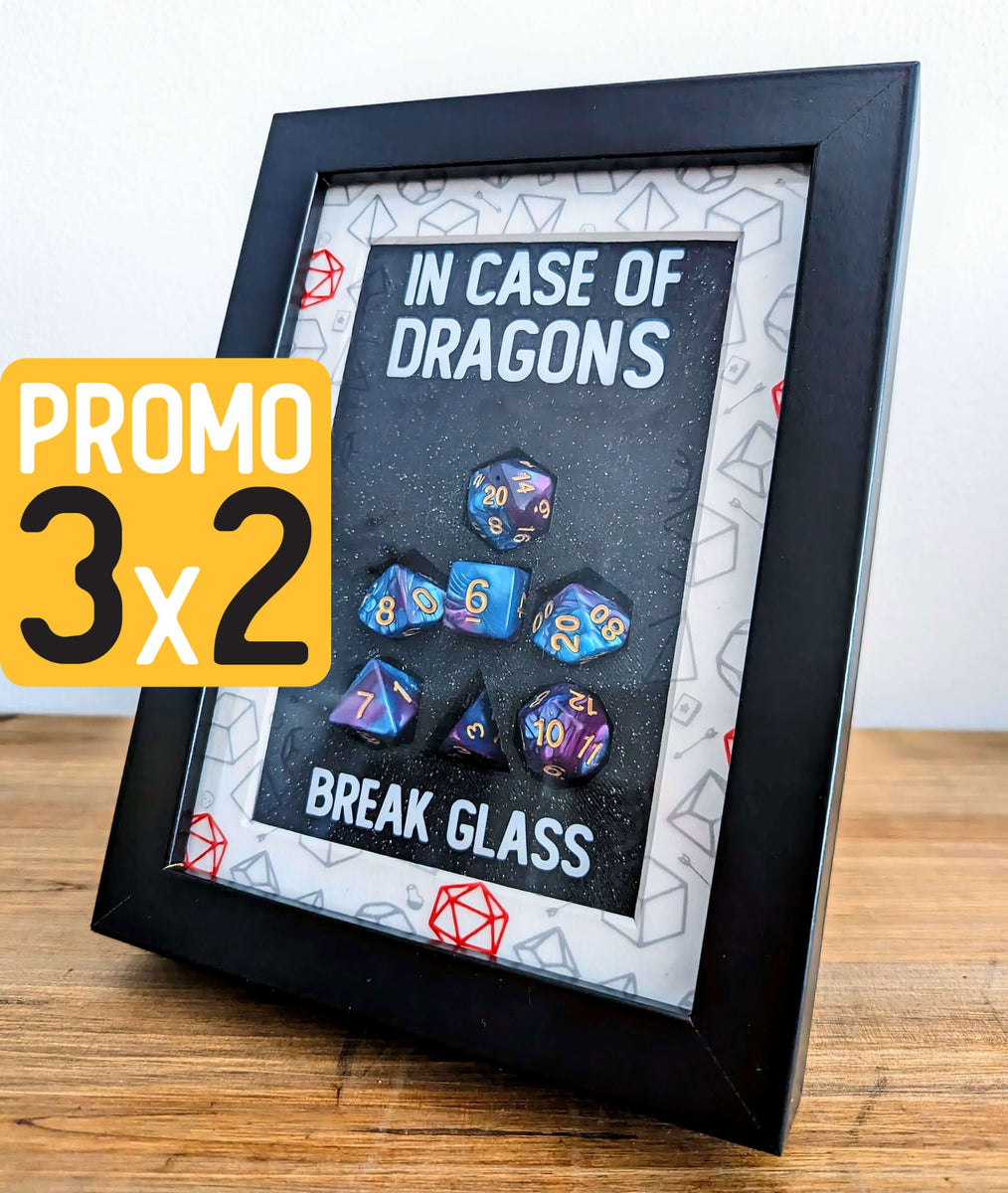 "In case of dragons break glass" | kit dadi emergenza | dungeons and dragons, quadro cornice regalo divertente accessorio