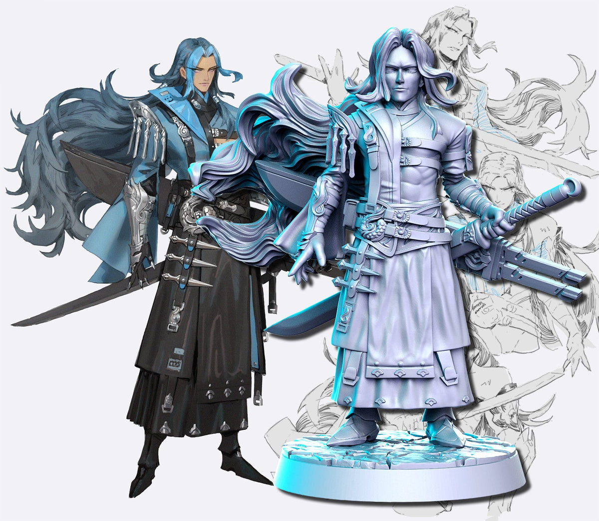 Kaito umano samurai guerriero katana sci-fi manga | miniatura 3D resina | Terre Ostili