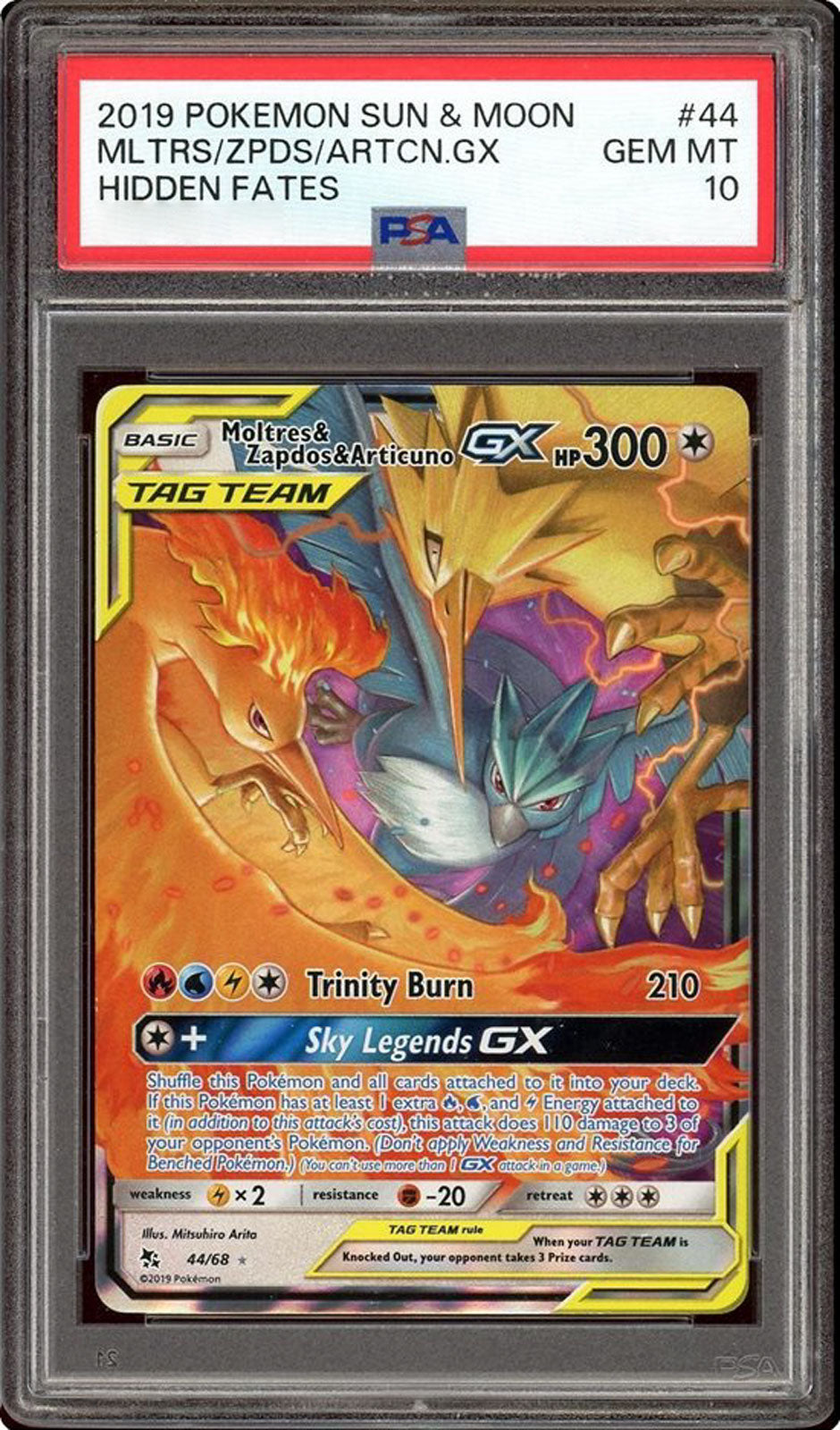 Moltres e Zapdos e Articuno GX 44/68 Alleati - ENG - Mint - Gradata PSA 10 - Sun and Moon - Hidden Fates - Carta Pokemon