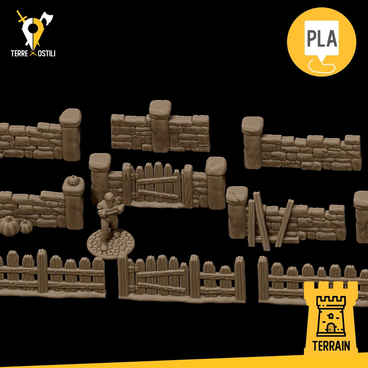 Muro pietra recinto recinzione legno | Set 14 pezzi fantasy scenico